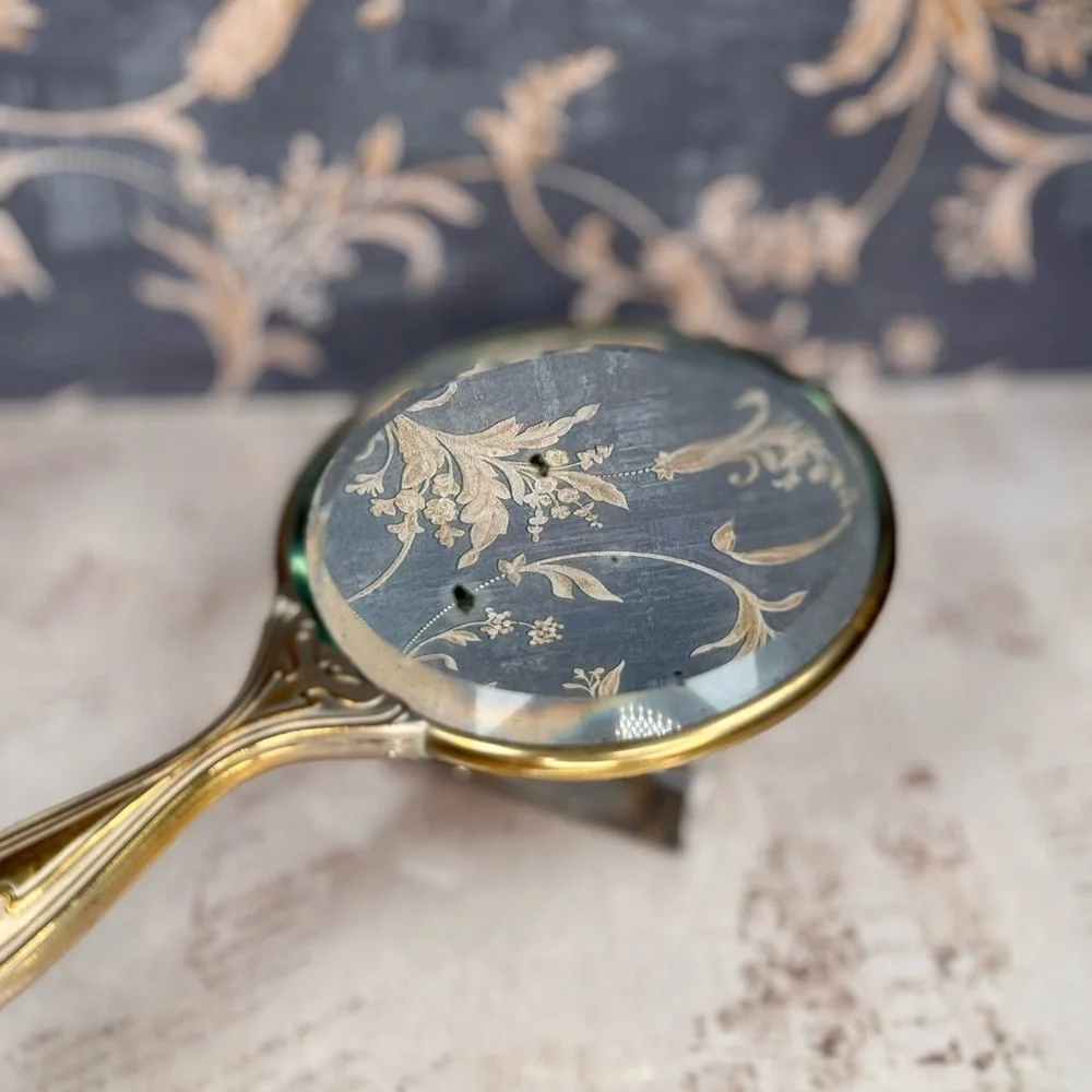 Antique Art Nouveau Repousse Vanity Hand Mirror Maiden Floral